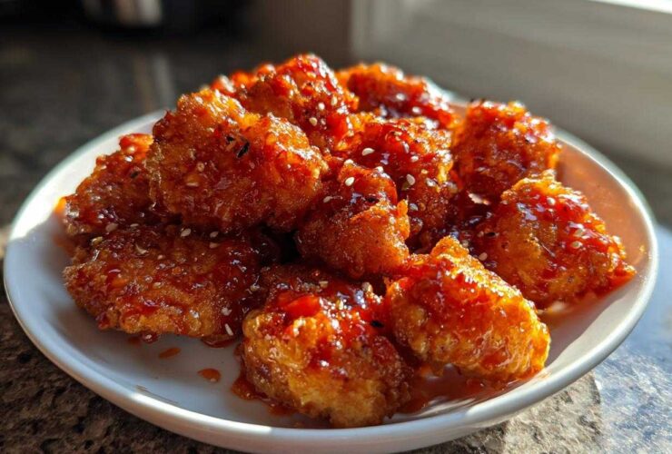 A close-up of golden, crispy Air Fryer Crispy Sweet Chili Chicken Bites coated in glossy sauce and sesame seeds.