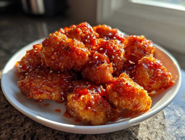 A close-up of golden, crispy Air Fryer Crispy Sweet Chili Chicken Bites coated in glossy sauce and sesame seeds.