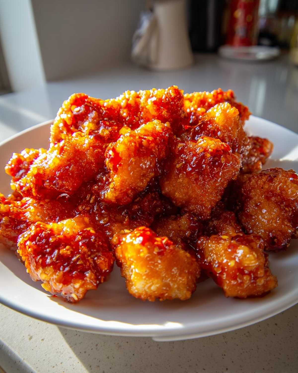 A close-up of crispy, bite-sized chicken pieces generously coated in a glossy sweet chili sauce, served on a white plate.