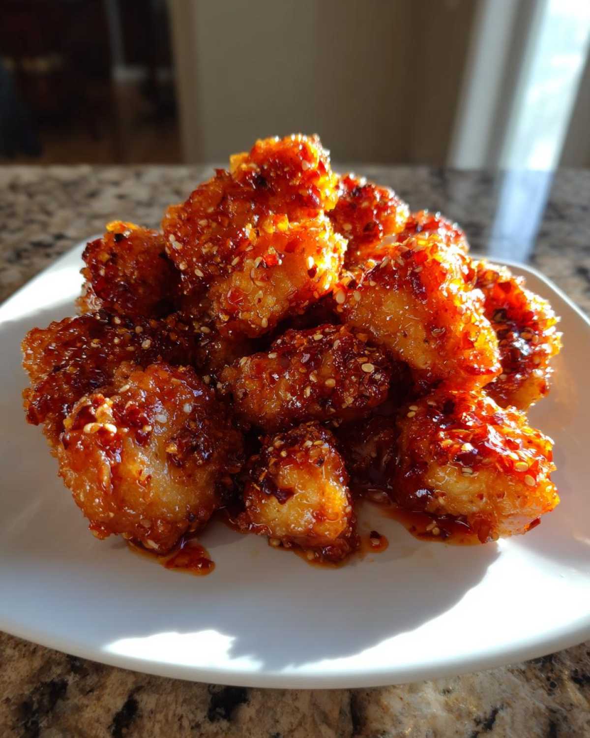 A pile of golden, crispy Air Fryer Crispy Sweet Chili Chicken Bites coated in a glossy, spicy-sweet sauce and sesame seeds.