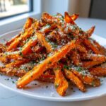 A mound of crispy Air Fryer Garlic Parmesan Sweet Potato Fries topped with grated cheese and parsley.