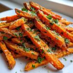 A close-up of crispy Air Fryer Garlic Parmesan Sweet Potato Fries piled high on a white plate and sprinkled with cheese and parsley.