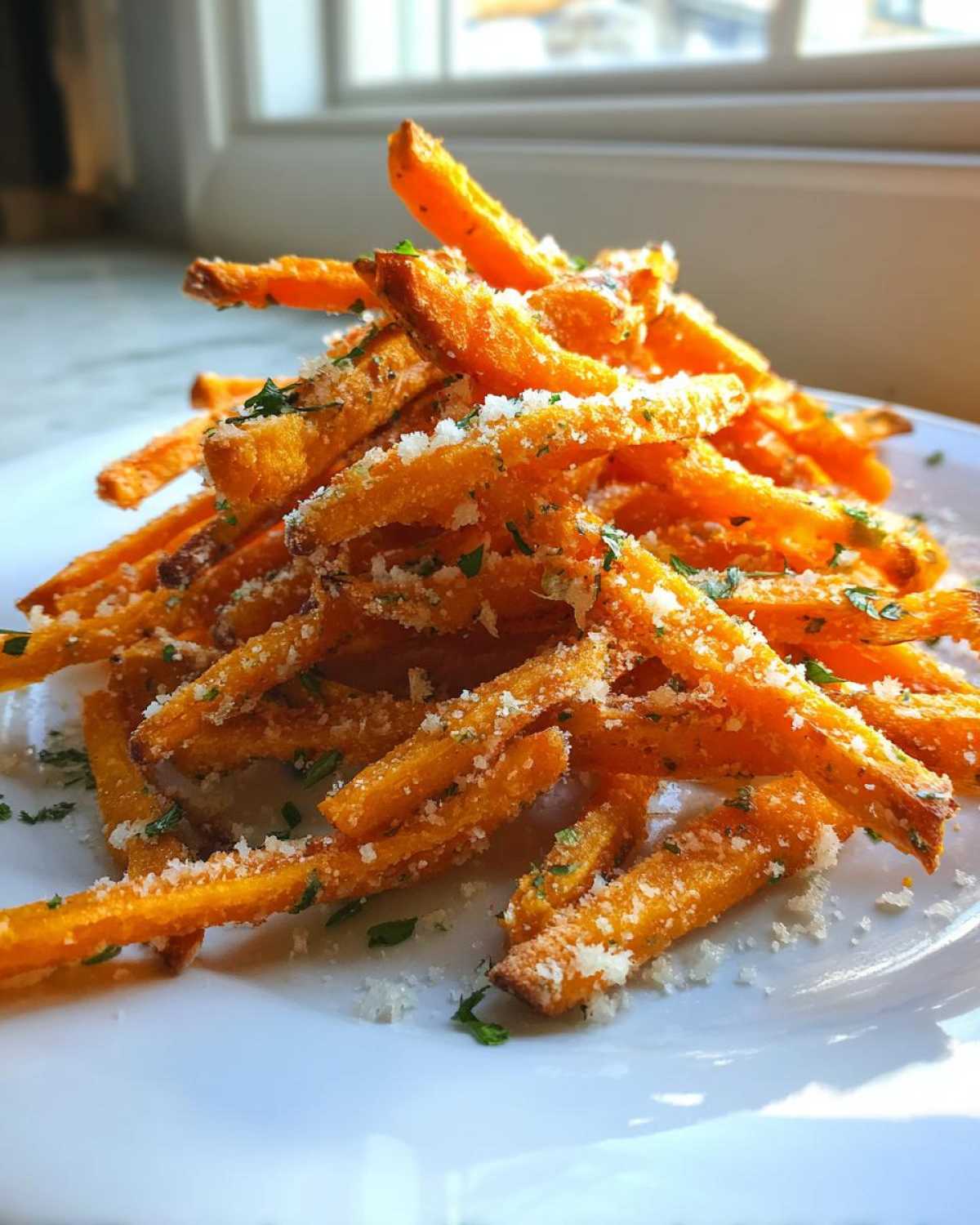 A close-up of crispy Air Fryer Garlic Parmesan Sweet Potato Fries piled high on a white plate, dusted with cheese and parsley.