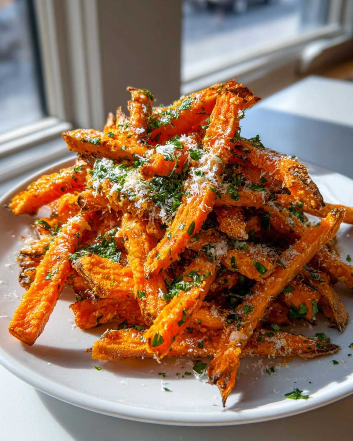 A tall pile of crispy Air Fryer Garlic Parmesan Sweet Potato Fries topped with grated cheese and fresh parsley.