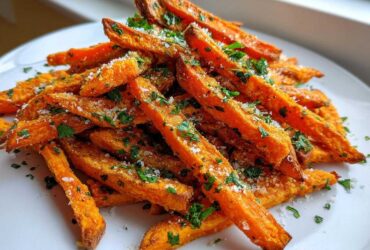 A close-up of crispy Air Fryer Garlic Parmesan Sweet Potato Fries piled high on a white plate and sprinkled with cheese and parsley.