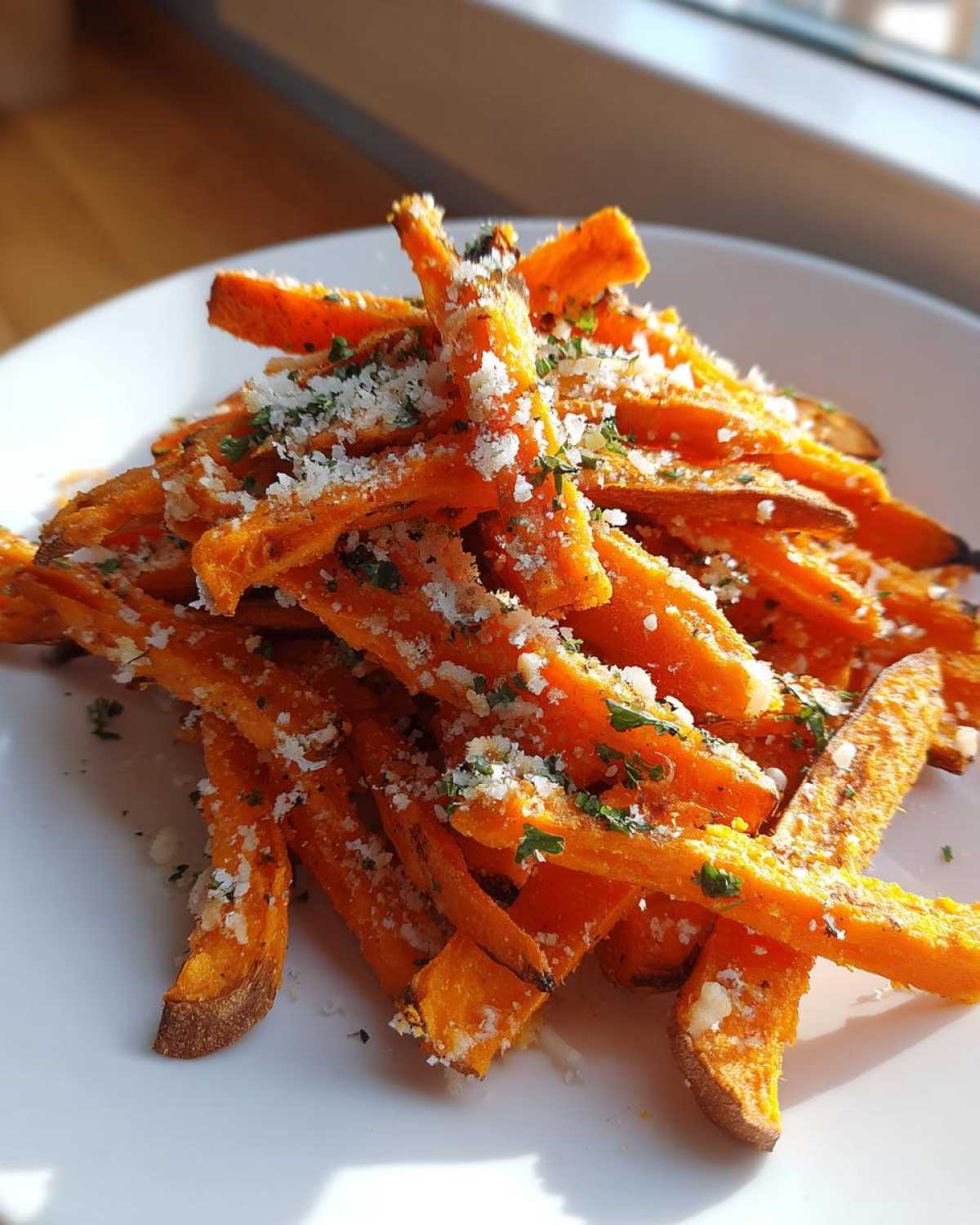 A close-up of crispy Air Fryer Garlic Parmesan Sweet Potato Fries topped with grated cheese and parsley.