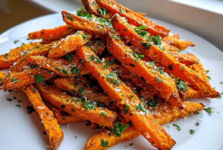 A close-up of crispy Air Fryer Garlic Parmesan Sweet Potato Fries piled high on a white plate and sprinkled with cheese and parsley.