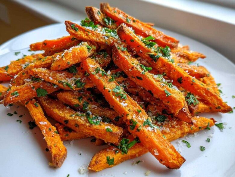 A close-up of crispy Air Fryer Garlic Parmesan Sweet Potato Fries piled high on a white plate and sprinkled with cheese and parsley.