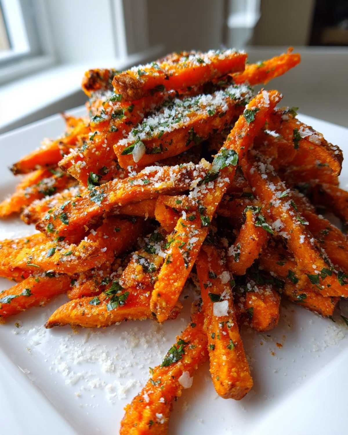 A close-up of crispy Air Fryer Garlic Parmesan Sweet Potato Fries piled high on a white plate.
