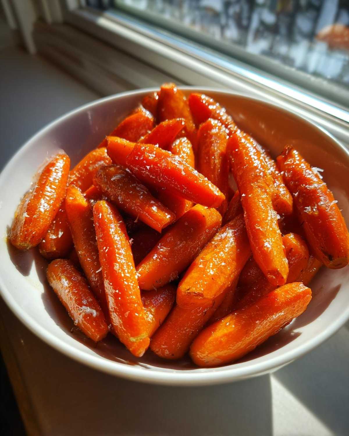 A white bowl filled with glistening Air Fryer Maple Glazed Carrots, catching the sunlight near a window.