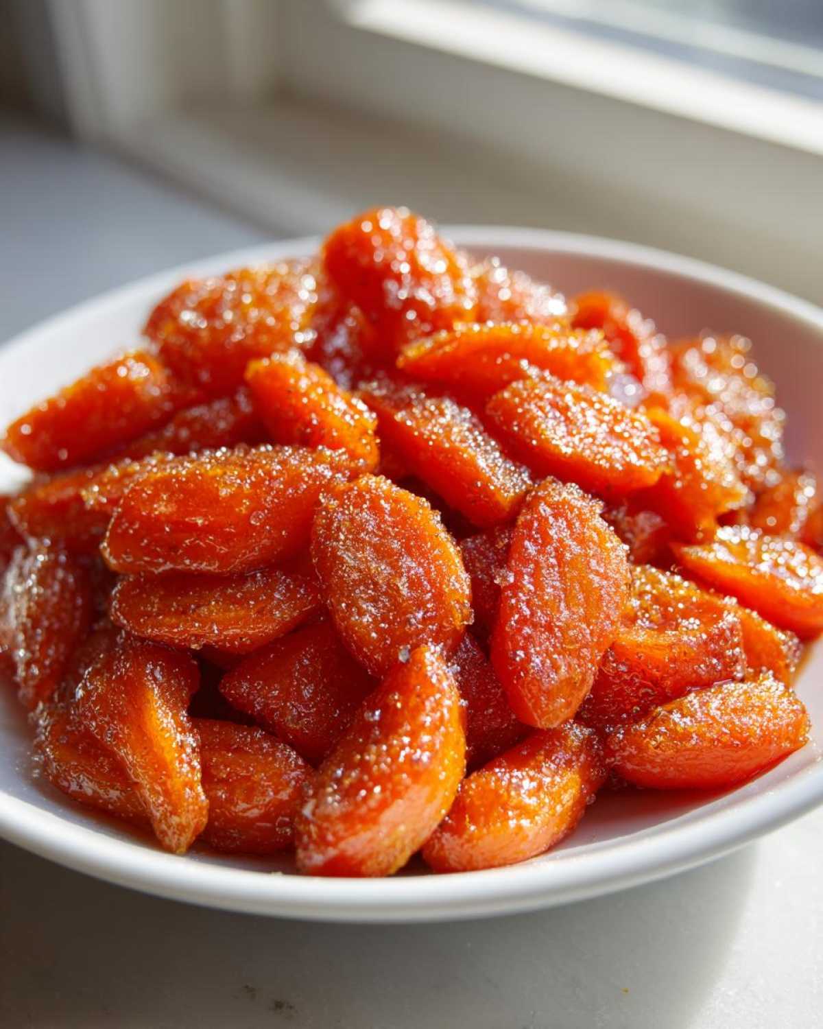 Close-up of bright orange, glistening Air Fryer Maple Glazed Carrots piled high in a white bowl.