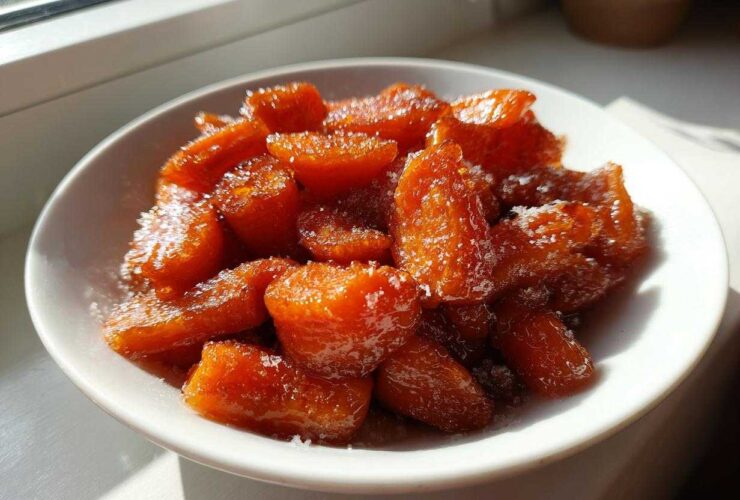 Close-up of glossy Air Fryer Maple Glazed Carrots sprinkled with sugar in a white bowl.