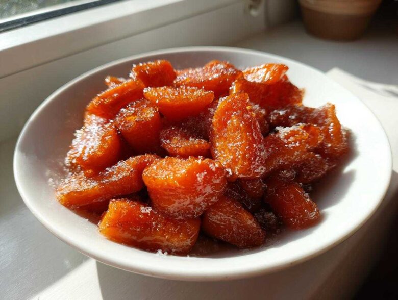 Close-up of glossy Air Fryer Maple Glazed Carrots sprinkled with sugar in a white bowl.