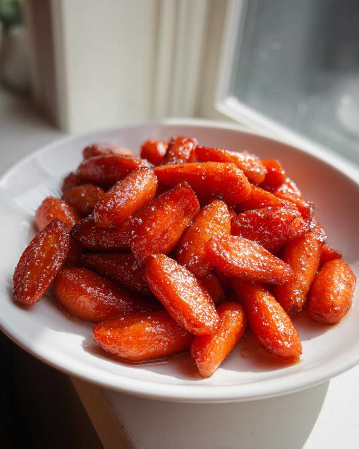 A white plate piled high with glistening Air Fryer Maple Glazed Carrots, catching the sunlight.