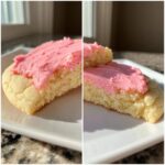 Close-up of a soft, thick Copycat Crumbl Sugar Cookie with bright pink frosting, broken in half.