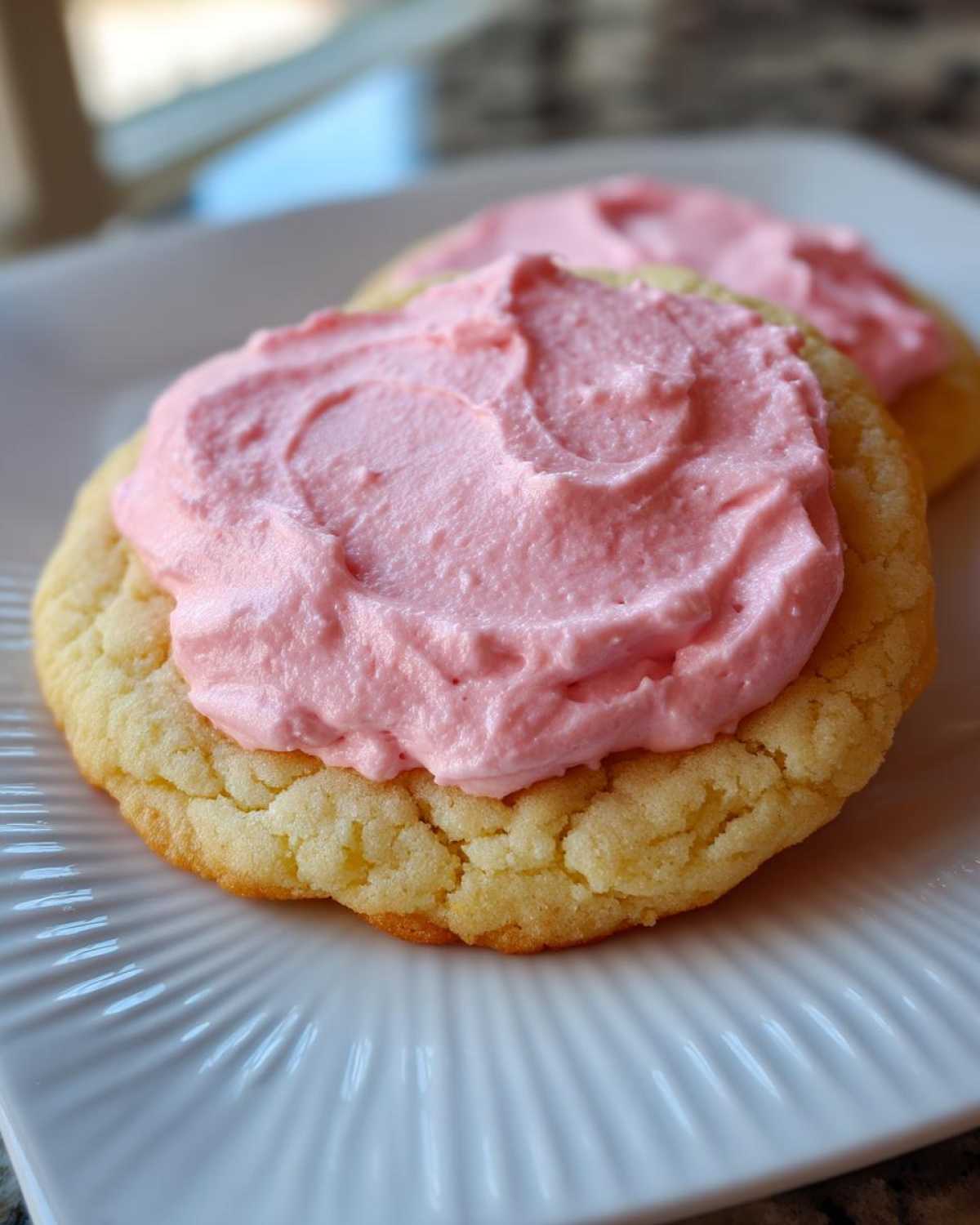 A delicious Copycat Crumbl Sugar Cookie topped with thick, swirled pink frosting, resting on a white plate.
