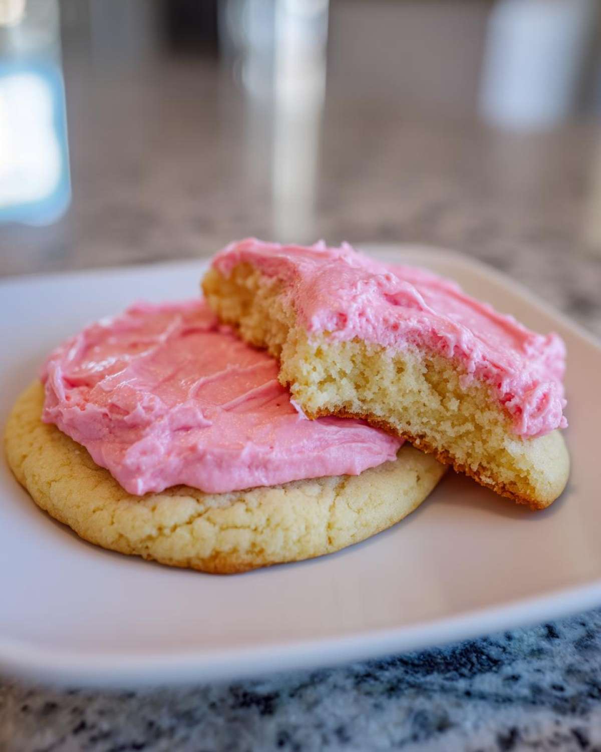 A soft, thick Copycat Crumbl Sugar Cookie topped with bright pink frosting, one cookie is broken open.
