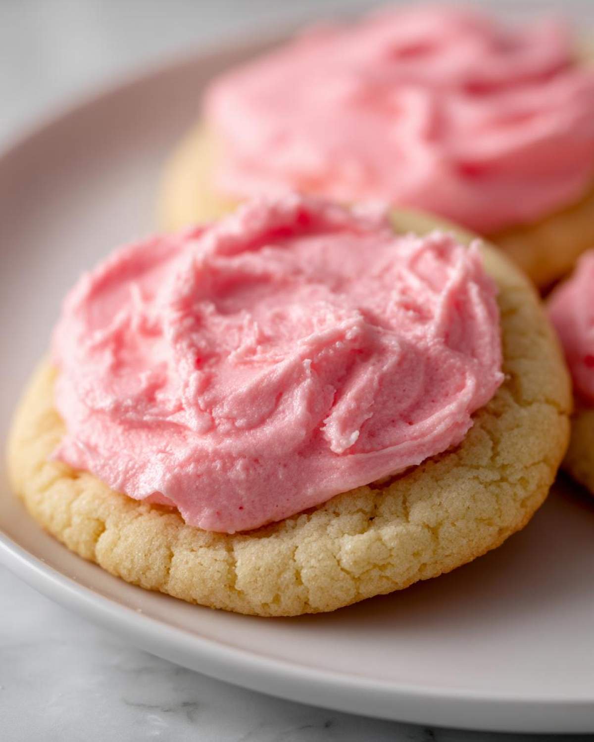 Close-up of a thick, soft Copycat Crumbl Sugar Cookie topped with vibrant pink frosting.