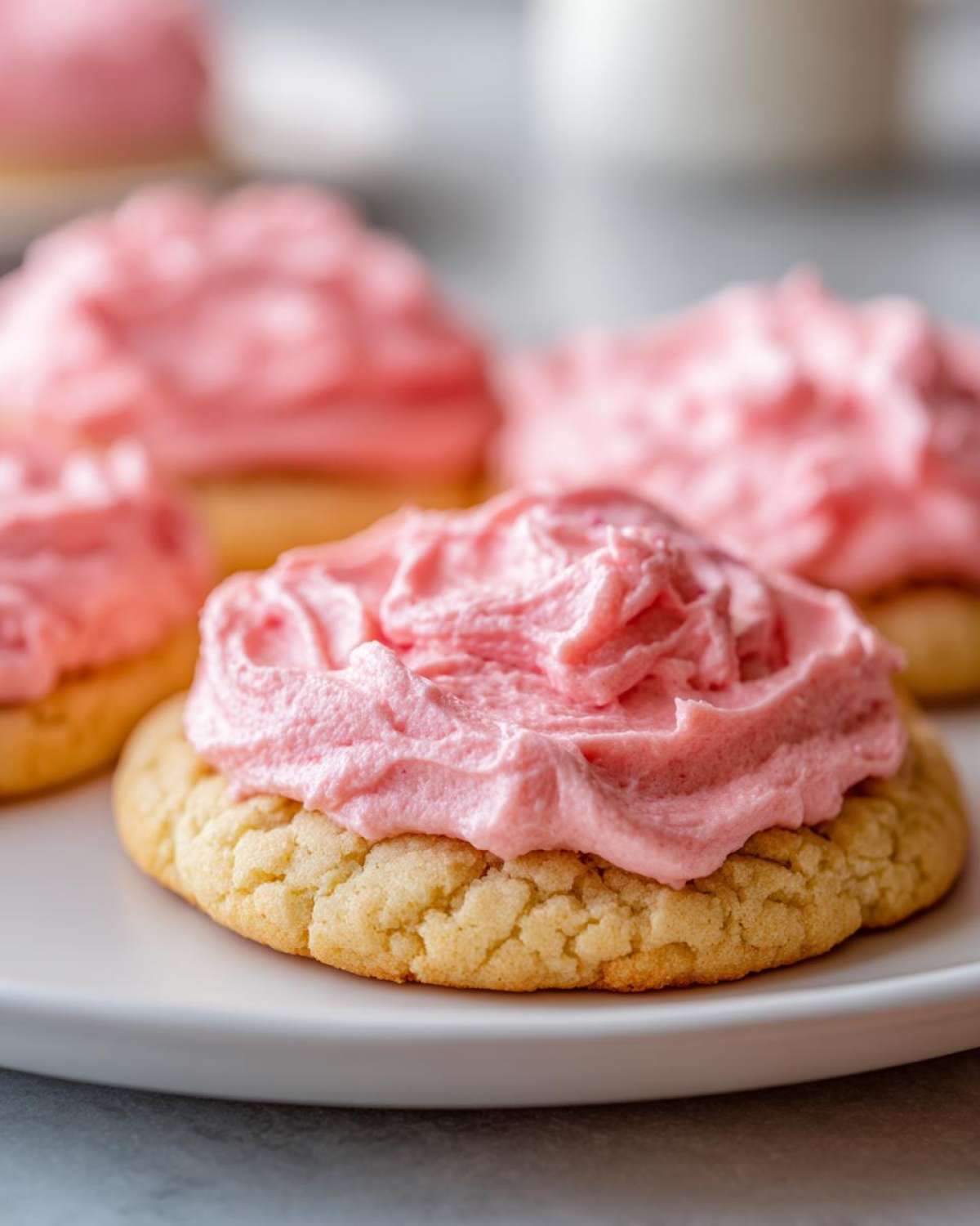 A close-up of a thick, soft Copycat Crumbl Sugar Cookie topped with generous swirls of bright pink frosting.