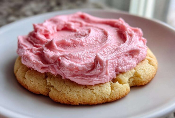 A close-up of a thick, soft Copycat Crumbl Sugar Cookie topped with generous swirls of bright pink frosting.