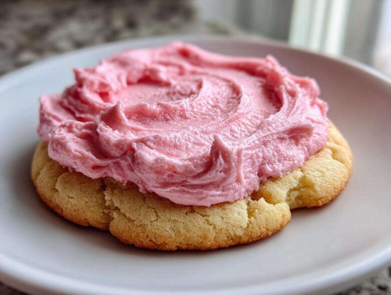 A close-up of a thick, soft Copycat Crumbl Sugar Cookie topped with generous swirls of bright pink frosting.