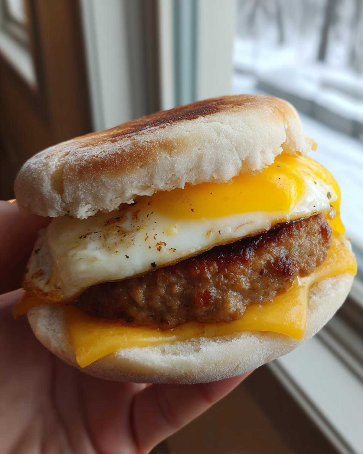 A person holding a freshly made Copycat McDonald's Sausage Egg McMuffin with a runny yolk egg.