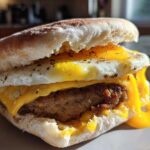 Close-up of a homemade Copycat McDonald's Sausage Egg McMuffin with melted cheese and a sunny-side-up egg.