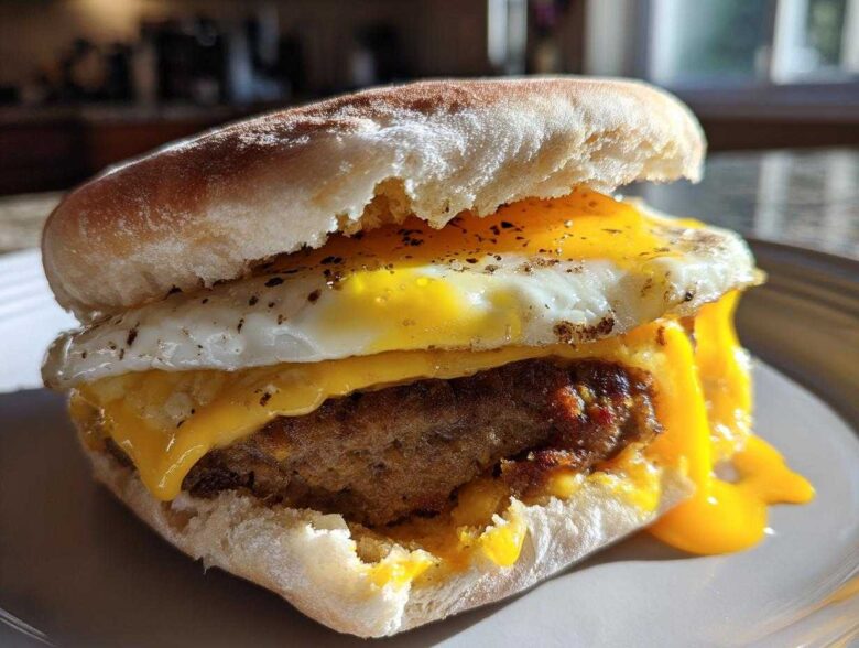 Close-up of a homemade Copycat McDonald's Sausage Egg McMuffin with melted cheese and a sunny-side-up egg.