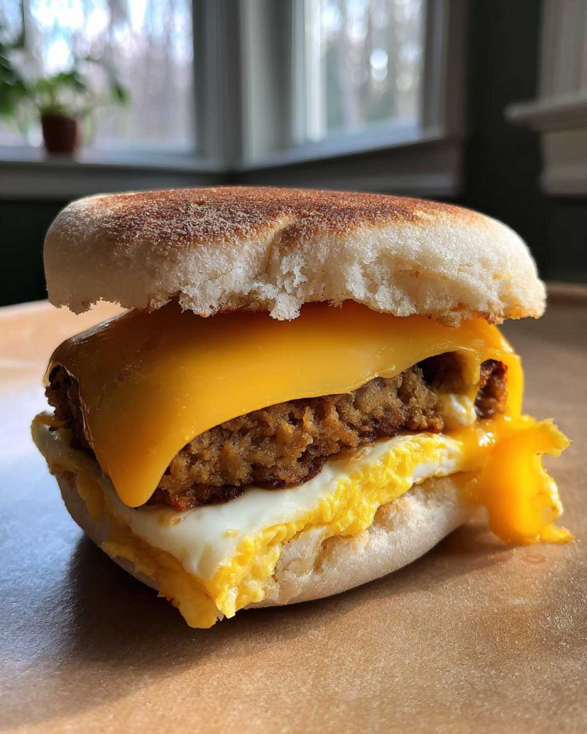 A homemade Copycat McDonald's Sausage Egg McMuffin featuring a toasted English muffin, melted cheese, sausage patty, and folded egg.