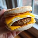 A person holding a freshly made Copycat McDonald's Sausage Egg McMuffin with toasted English muffin, sausage, egg, and melted cheese.