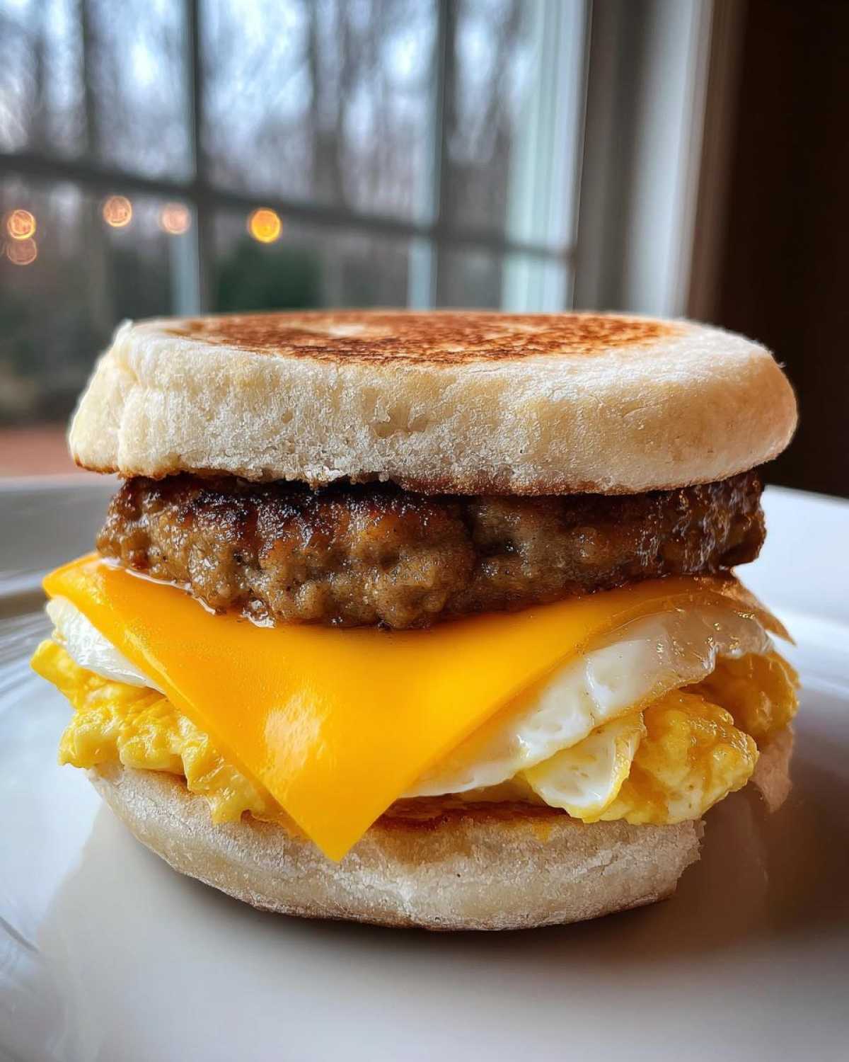 A homemade Copycat McDonald's Sausage Egg McMuffin featuring a toasted English muffin, sausage patty, folded egg, and melted American cheese.
