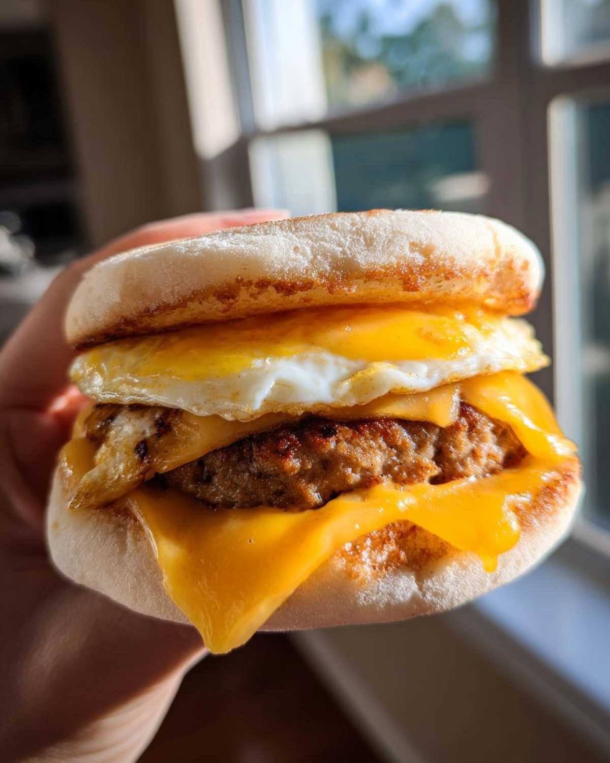 A close-up of a homemade Copycat McDonald's Sausage Egg McMuffin held up to the light.
