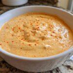 A close-up of creamy, orange Copycat Outback Bloomin' Onion Sauce sprinkled with paprika in a white dipping bowl.