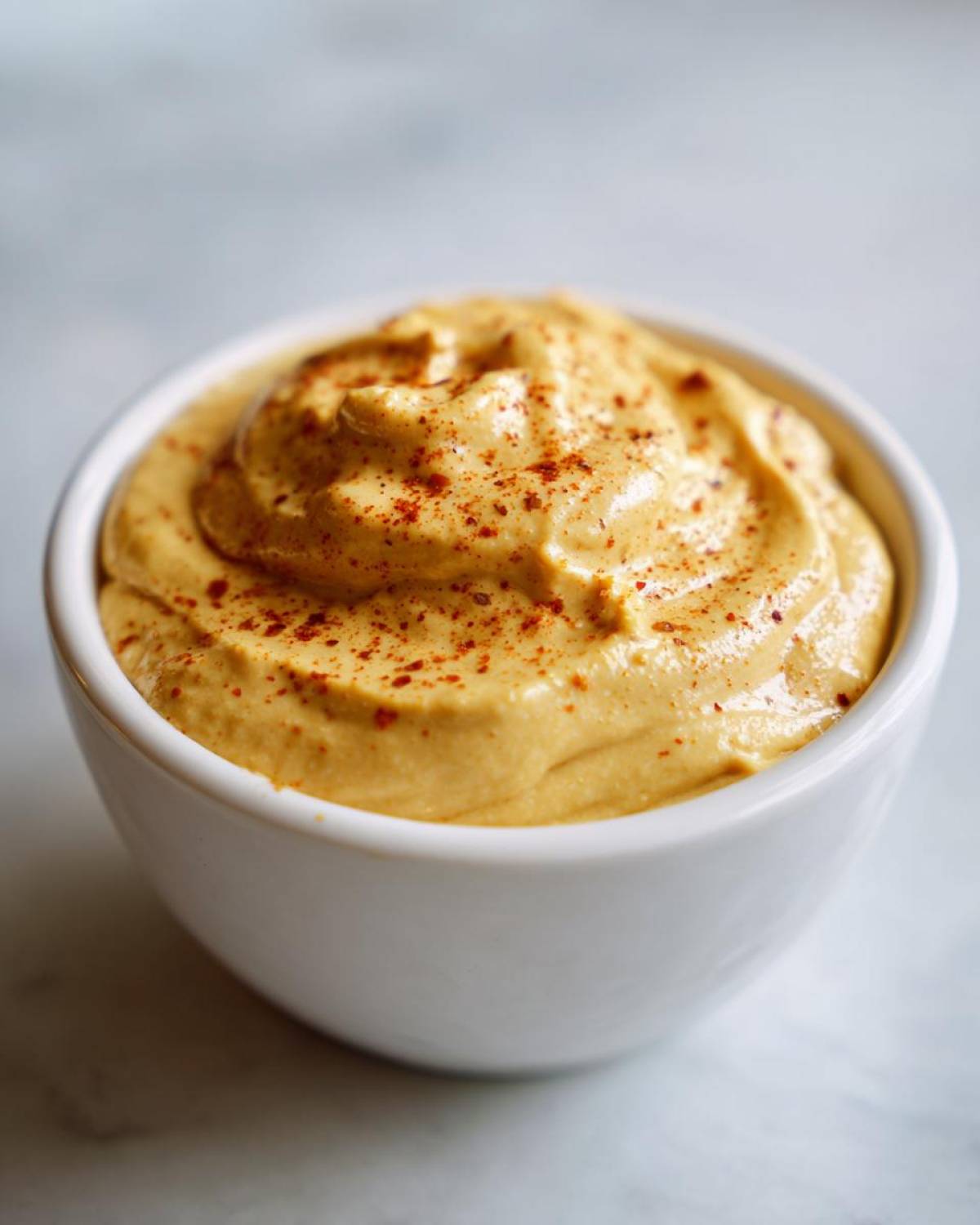 Close-up of a white bowl filled with thick, creamy Copycat Outback Bloomin' Onion Sauce, dusted with paprika.