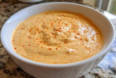 A close-up of creamy, orange Copycat Outback Bloomin' Onion Sauce sprinkled with paprika in a white dipping bowl.