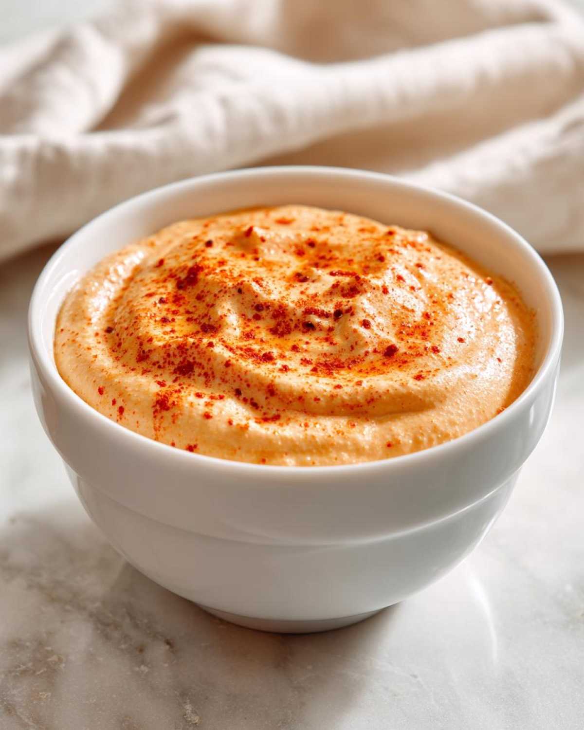 Close-up of creamy, orange-hued Copycat Outback Bloomin' Onion Sauce topped with paprika in a white bowl.