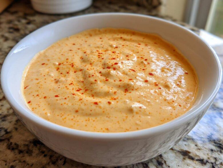 A close-up of creamy, orange Copycat Outback Bloomin' Onion Sauce sprinkled with paprika in a white dipping bowl.