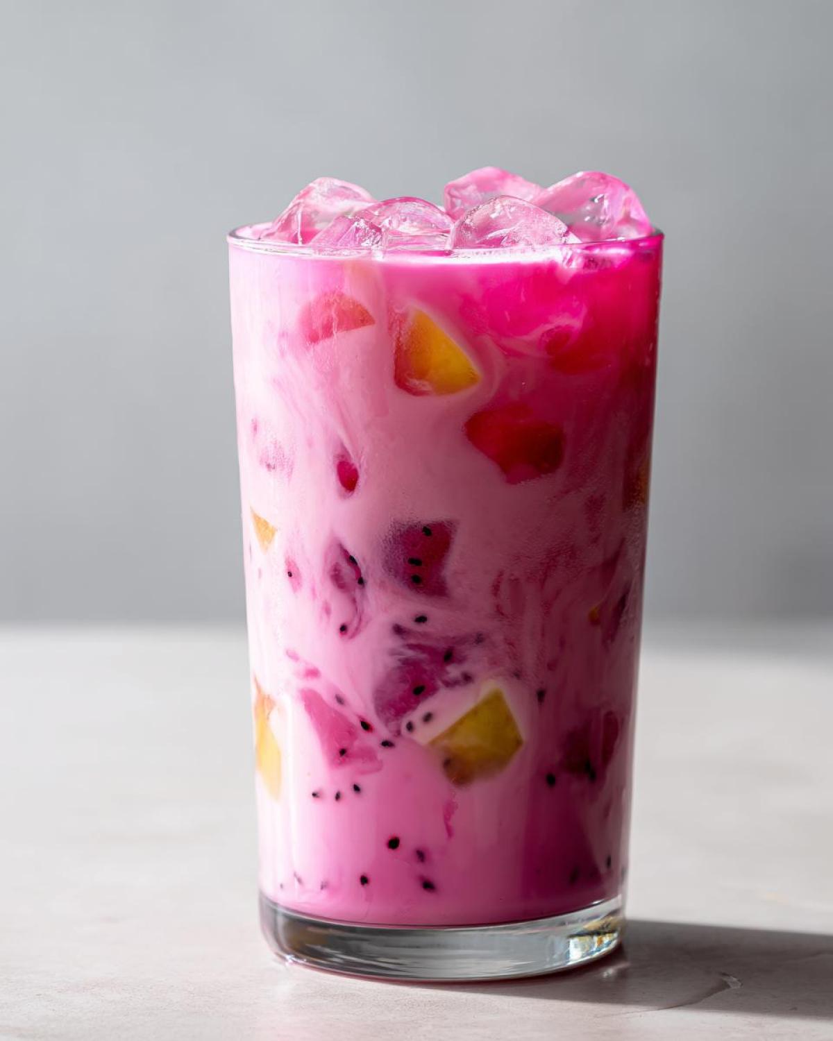 Close-up of a tall glass filled with the vibrant pink Copycat Starbucks Dragonfruit Refresher, showing swirls of coconut milk and chunks of dragon fruit and mango.