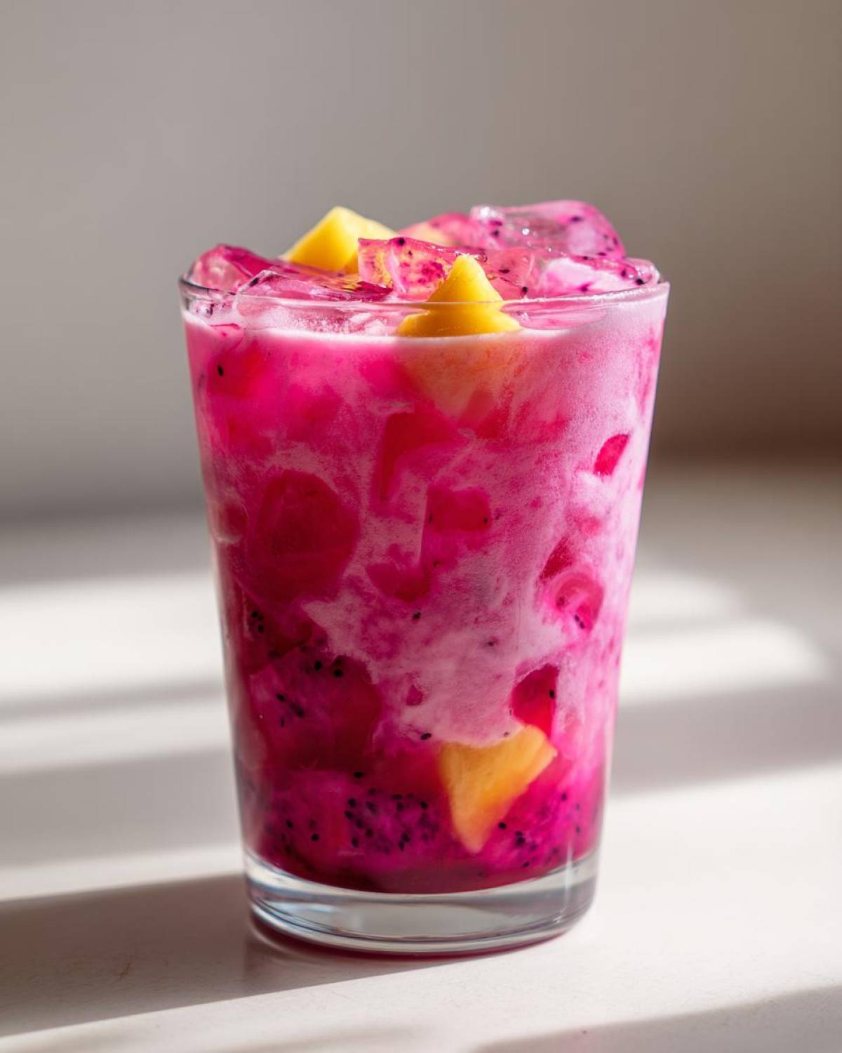 A tall glass filled with a vibrant pink Copycat Starbucks Dragonfruit Refresher, ice, and chunks of dragon fruit and mango.