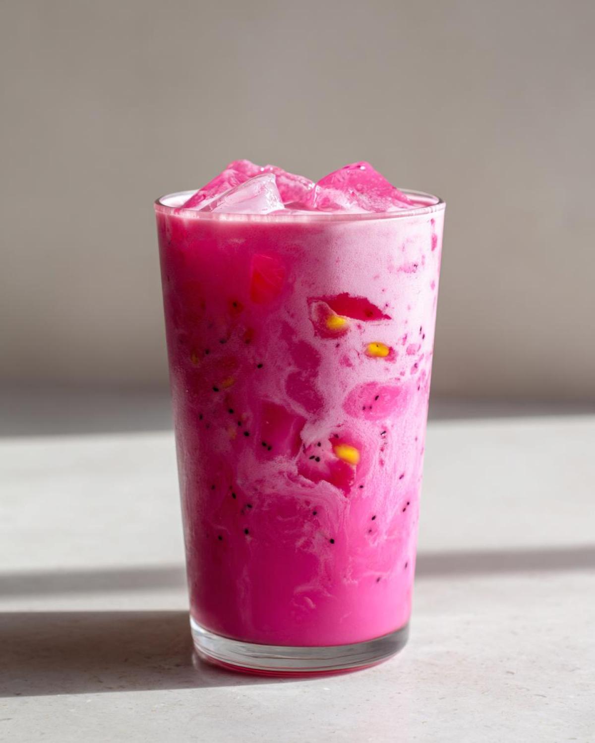 A tall glass filled with a bright pink, creamy Copycat Starbucks Dragonfruit Refresher, featuring ice cubes and pieces of dragon fruit.