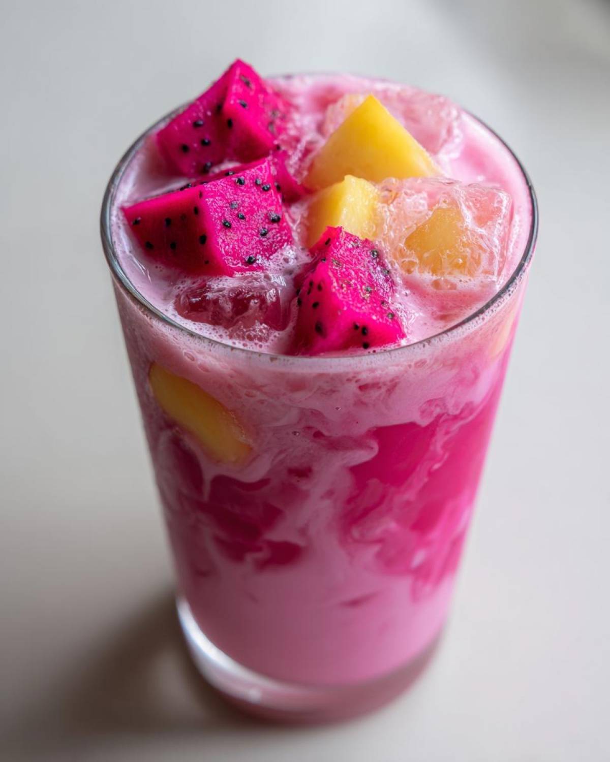 Close-up of a vibrant pink Copycat Starbucks Dragonfruit Refresher with ice and chunks of pink dragonfruit and pineapple.