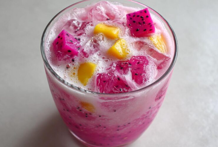 Close-up of a vibrant pink Copycat Starbucks Dragonfruit Refresher topped with ice and chunks of pink dragonfruit and mango.