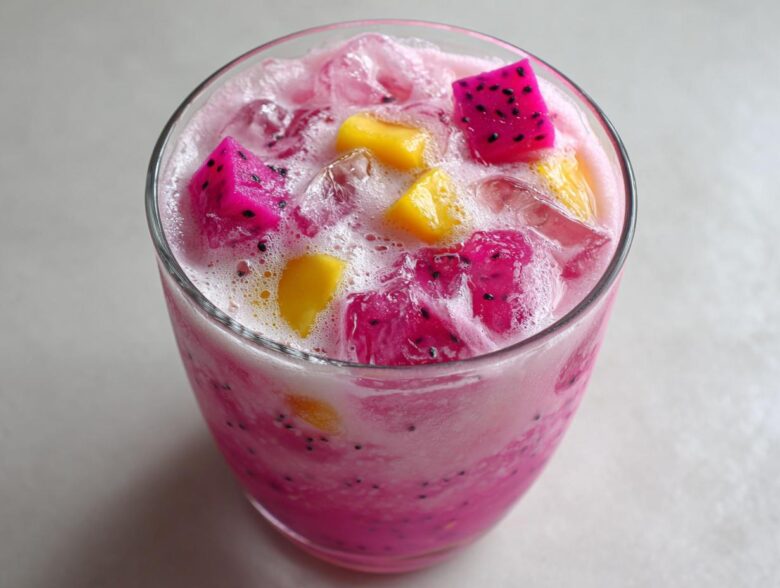 Close-up of a vibrant pink Copycat Starbucks Dragonfruit Refresher topped with ice and chunks of pink dragonfruit and mango.