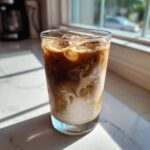 Close-up of a glass filled with ice, coffee, and milk creating beautiful swirls for a Copycat Starbucks Iced White Chocolate Mocha.