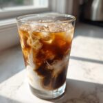 Close-up of a glass filled with ice, dark coffee, and white cream swirling together, making a Copycat Starbucks Iced White Chocolate Mocha.