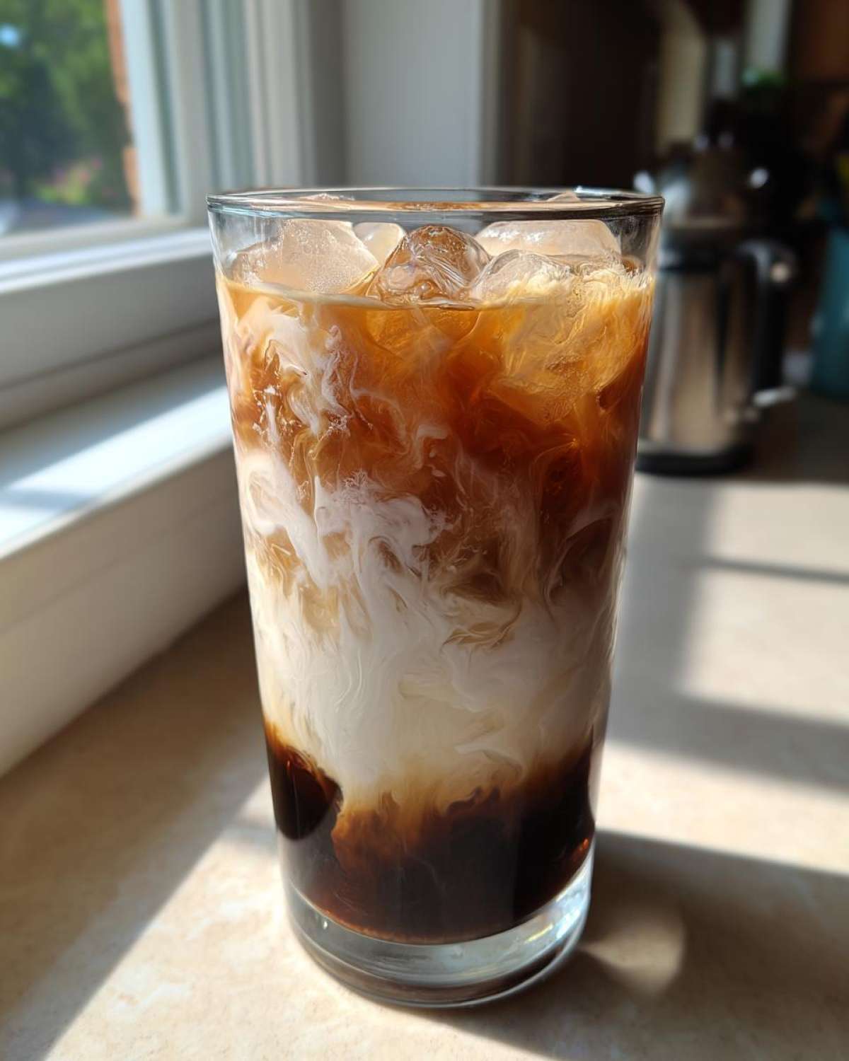 Tall glass of Copycat Starbucks Iced White Chocolate Mocha showing dark espresso swirling into white milk and ice.