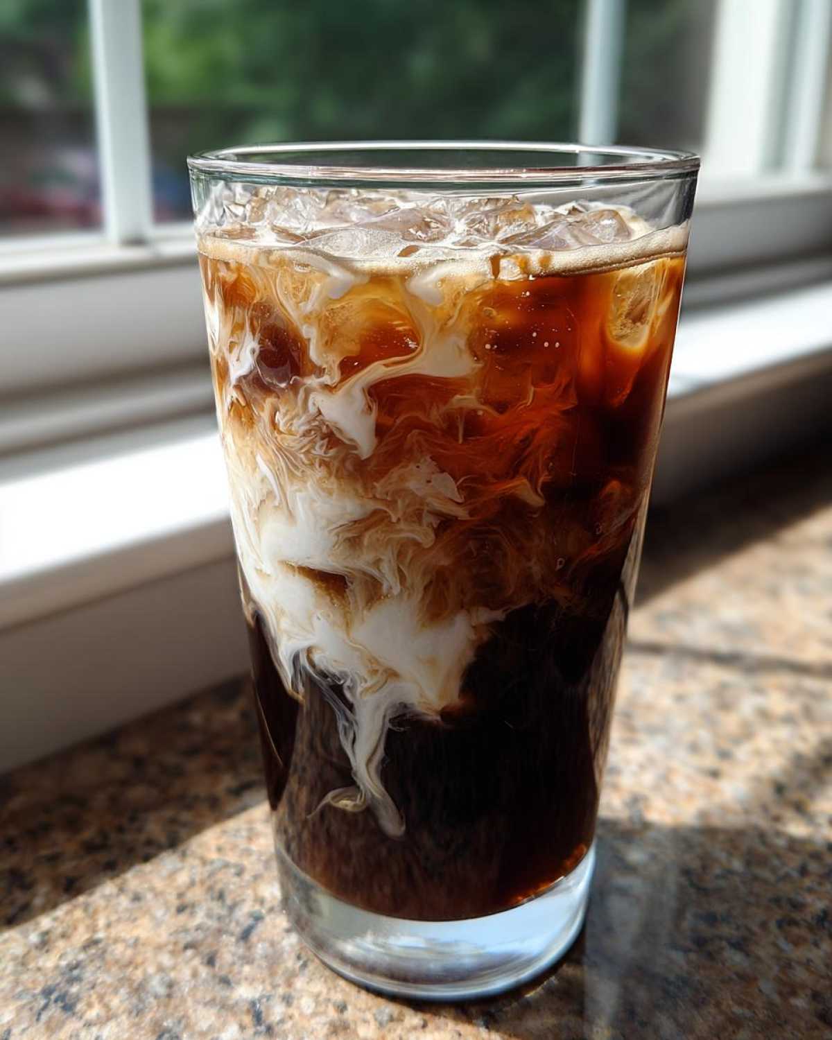 Close-up of a Copycat Starbucks Iced White Chocolate Mocha with cream swirling into dark coffee over ice.