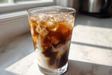 Close-up of a glass filled with ice, dark coffee, and white cream swirling together, making a Copycat Starbucks Iced White Chocolate Mocha.