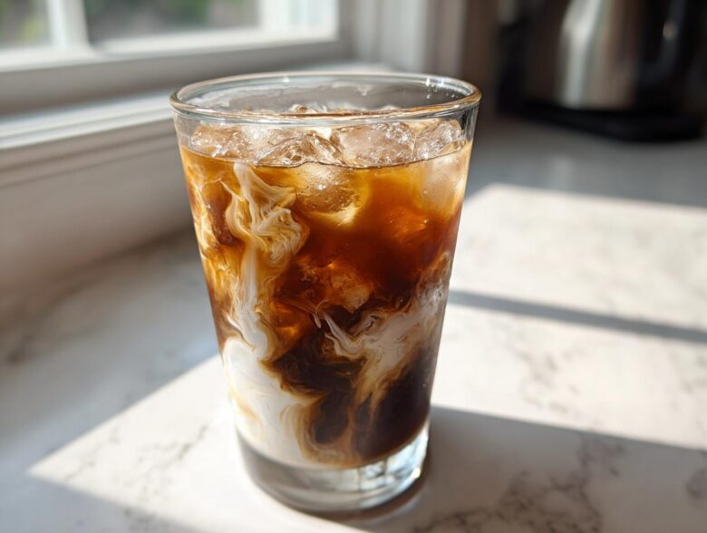 Close-up of a glass filled with ice, dark coffee, and white cream swirling together, making a Copycat Starbucks Iced White Chocolate Mocha.