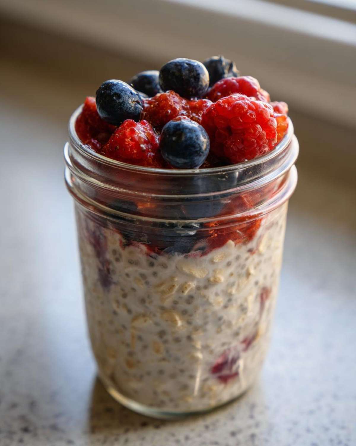 A glass jar filled with Easy Berry Chia Overnight Oats topped with fresh raspberries and blueberries.
